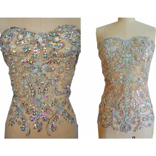 Pure hand made clear AB colour sew on Rhinestones applique on mesh crystals patches 32*30cm&47*39cm for top dress