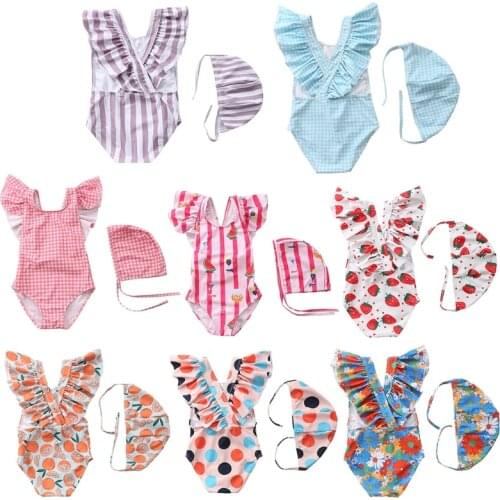 F2TC Toddler Kids Baby Girls Summer Monokini Swimsuit with Swim Cap Set Ruffles Cross Backless Swimwear Cartoon Bathing Suit