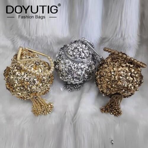DOYUTIG Classical Womens Diamond Wedding Bucket Indian Hand-Made Metal Clutches Lady Vintage Short Tassel Evening Handbag J002