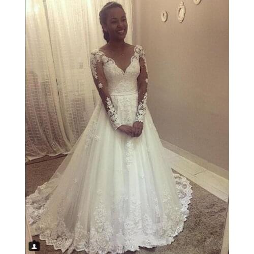 Beautiful V-Neck Long Sleeves Lace Appliques A-Line Wedding Dresses Customized Formal Bridal Gowns Beading Robe De Mariee