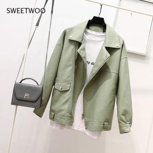 Autumn Faux Soft Leather Pu Jacket Women Loose Punk Coat Female Turndown Collar Biker Rivet Zipper Street Overcoat