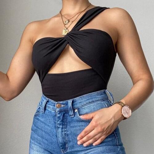Puloru Summer One Shoulder Straps Tank Tops Sexy Women Cut Out Twist Knot Vest Casual Streetwear Slim Fit Sleeveless Basic Top