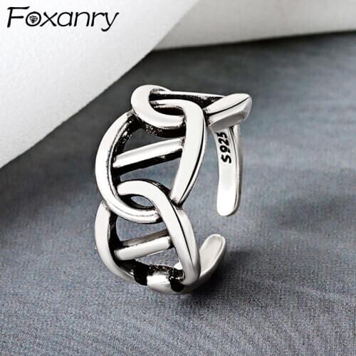 Foxanry 925 Sterling Silver Trendy Rings for Women Creative Simple Hollow Geometric Handmade Elegant Party Jewelry Gifts
