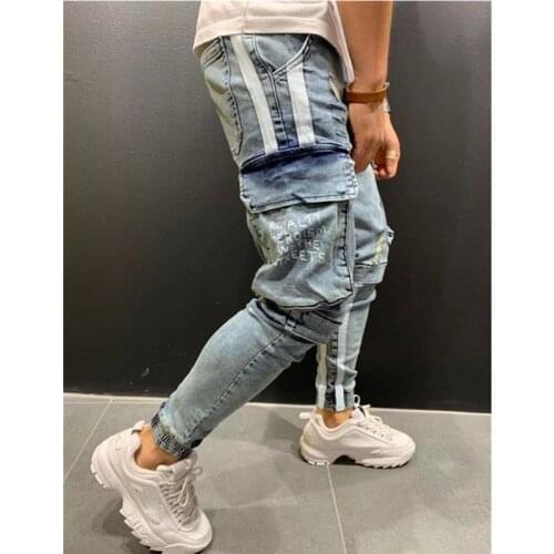 Mens skinny Jeans Side stripe Pencil Pants Hip-hop Trousers Multi-pockets Moto Biker Jeans Skinny Jogging Printed Cargo Pants