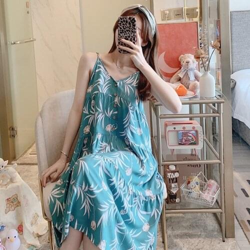 New Floral Nightgowns For Women Sleepwear Cotton Night Dress Spring Girls Nightwear Female Summer Spaghetti Strap Dress Casual