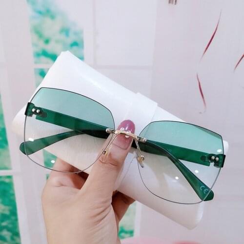 Fashion Rimless Sunglasses Women Luxury Vintage Irregular Trimming Sun Glasses Lady Shades Gradient Eyewear Green UV400
