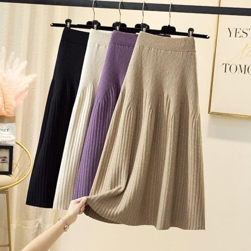 Thick knitted Mid-Calf skirt womens autumn 2021 winter new covering the hips woolen skirt Womens elegant long Folds skirts