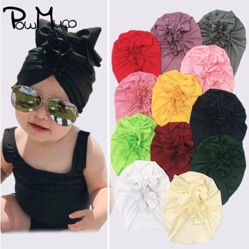 Powmuco Solid Color Handmade Folded Flower Baby Girls Hats Cute Bowknot Infant Bonnet High Quality Cotton Caps Toddler Headwear