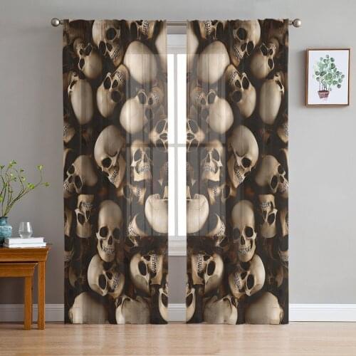 Youth Bedroom Sheer Curtains Skull Retro Halloween Kitchen Study Curtains Living Room Holiday Decor Tulle Curtains