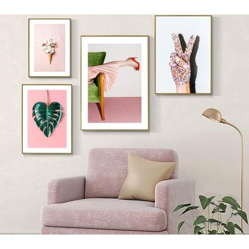 Modern Home Decor Pink Candy Art Plant Wall Art Canvas Painting Simple Style Posters and Prints Decor Art Picture For Girl Room