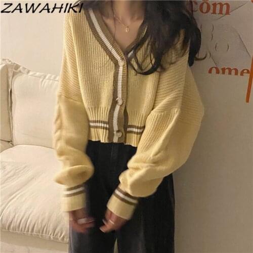 ZAWAHIKI Long Sleeve Knitted Cardigan Womens Sweater Spring Autumn New Outer V-neck Short Tops Contrast Color Striped Sweaters