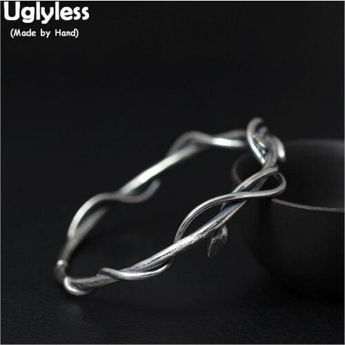 Uglyless 100% Real 925 Sterling Silver Vines Bangles for Women Handmade Twisted Leaves Open Bangle Thai Silver Wild Fine Jewelry