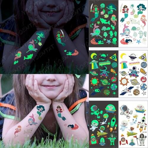 Waterproof Temporary Tattoo Sticker Luminous Children Pirate Mermaid Whale Universe Glowing Tatoo Kids Arm Dream Art Fake Tatto
