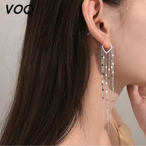 VOQ 925 Sterling Silver Hand-made Long Chain Tassel Love Heart Hoop Earrings Ear Buckle Womens Party Jewelry