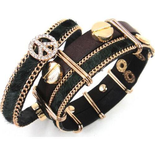 High Quality Fashion Jewelry Crystal Peace and Horse Hair Real Cowhide Leather Bracelets For Gift Men or Women Jewelry