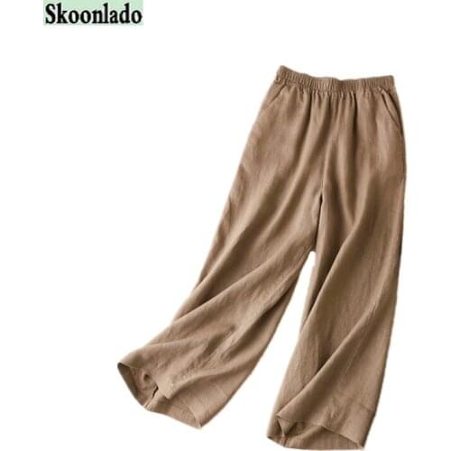 Women straight width legs pants newest cotton linen trousers full length spring autumn lady pants high quality cotton material