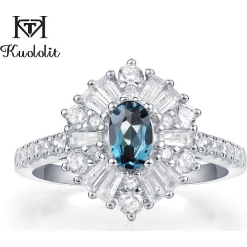 Kuololit London Blue Topaz Gemstone Rings for Women Solid 925 Sterling Silver jewelry Hexagon Ring Engagement Gifts Fine Jewelry