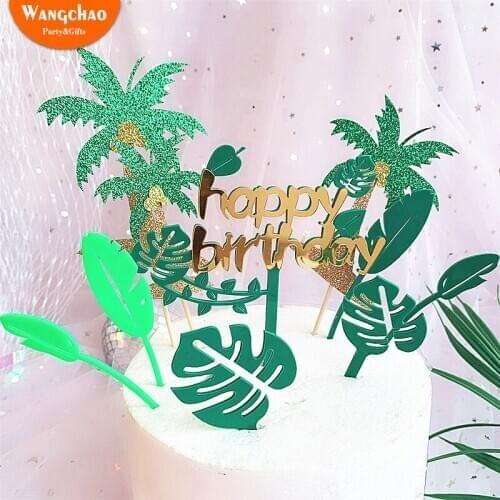 1 Set Hot Sale Green Leaf Happy Birthday Acrylic Cake Topper Jungle Safari Party Supplies Kids Favors Cake Decorating