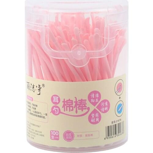 100PCS/Box Cotton Swab Pink Double Head Bamboo Sticks Cotton Swab Disposable Buds Cotton For Beauty Makeup Nose Ears Cleaning