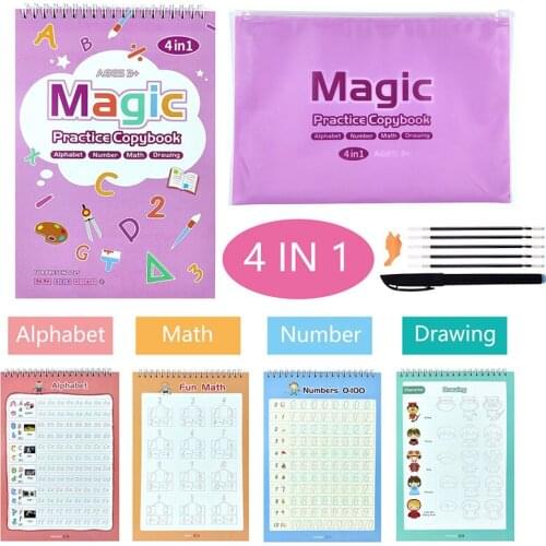 2021 4in1 Childrens Magic Book Reusable 3D Calligraphy Copybook English Number Alphabet Magic Copybooks For Kids Gift