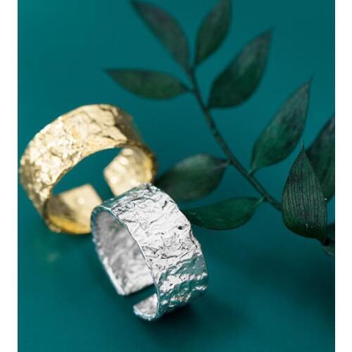 9mm Authentic REAL. 925 Sterling Silver White/Gold Irregular Surface Wider Band Rings adjust Jewelry GTLJ1659