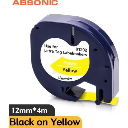 Absonic 91202 12mm Label Tapes 91332 Compatible Dymo Letratag Label Maker 91222 Black on Yellow for Dymo LT Printer LT-100H 100T