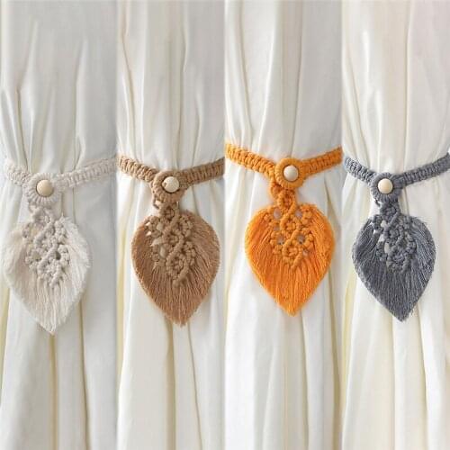 Bohemian Hand-Woven Curtain Strap Tie Rope Simple Tassel Leaf Wooden Bead Curtain Tie Rope Decoration, Curtain Buckle Ornaments