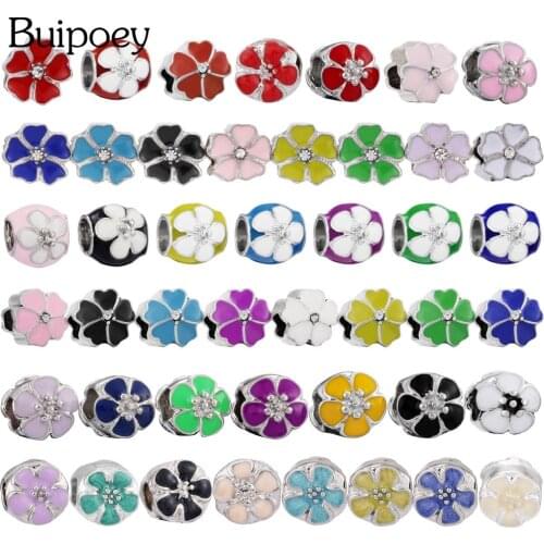 Buipoey 9 Color Enamel Flowers Beaded Round Large Hole Beaded Fit Brands Bracelets Necklace Diy Women Jewelry Gifts Making