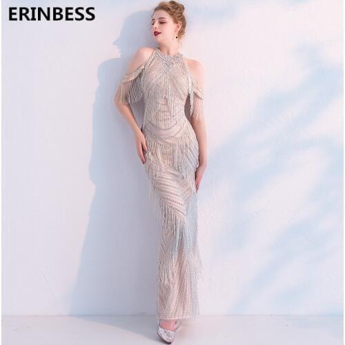 Mermaid Evening Dresses Long Dress 2019 Robe De Soiree O-Neck Gray Tulle With Beading Evening Dress Elegant Formal Prom Gowns
