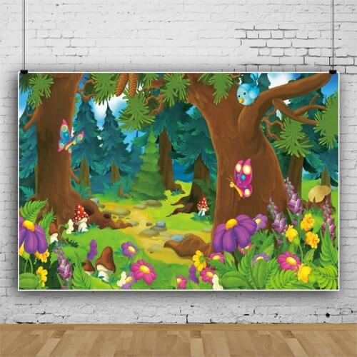 Photo Backdrops For Photography Dreamy Cartoon Forest Tree Mushroom Shrub Green Grass Animals Scenic Photo Background Photocall