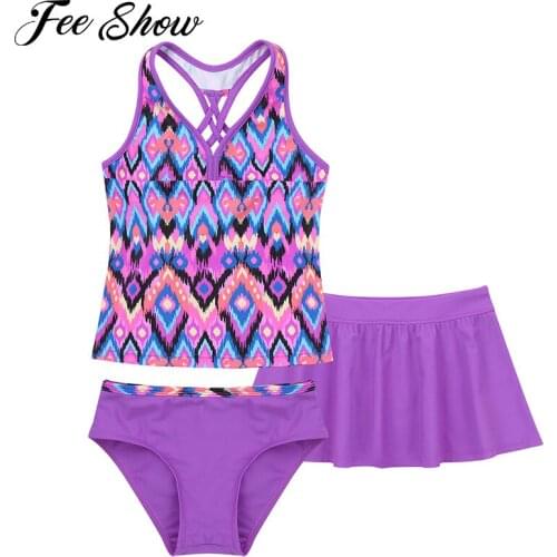 3Pcs Kids Girls Beach Bikini Set Swimsuit Sleeveless Spaghetti Straps Top with Briefs+Skirt Set Brazilian Swimwear Bathing Suits