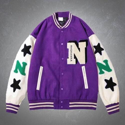 High Street Hip Hop Baseball Jacket Mens Letter Towel Embroidery Harajuku Casual Oversize Loose Couples Coats Purple Jackets