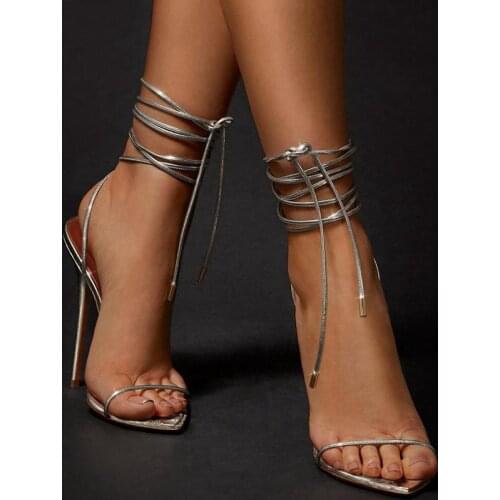 Summer new fashion silver ankle ring strap stiletto sandals large size custom banquet dress all-match female sandals