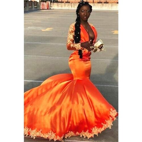 Orange Mermaid Prom Dress Long Sleeve Deep V Neck Appliques Lace Satin Floor Length Formal Evening Party Gown 2019 Fashion
