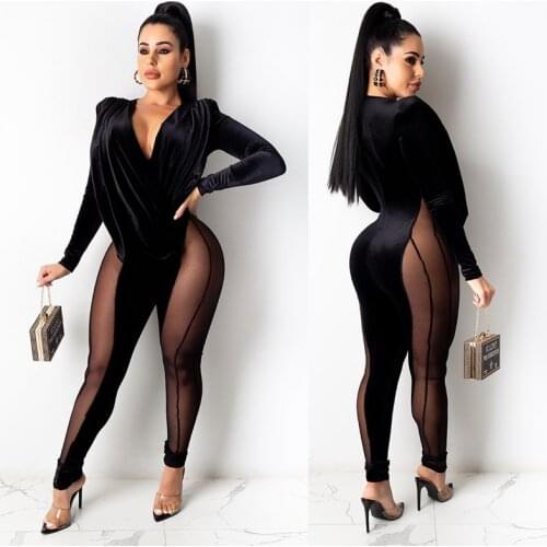 ZKYZWX Sexy Mesh Sheer Splicing Rompers Womens Jumpsuit Fashion Long Sleeve V-neck One Piece Club Outfits Night Party Overalls