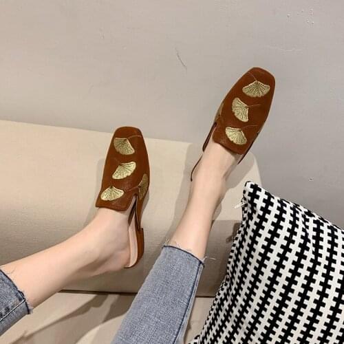 Mules For Women half slippers female Square Toe Low Heel Shoes Slip on Slides Ladies Casual Loafers Shallow Mules Brand Sandals