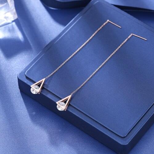 Titanium Steel Triangle Zircon Ear Wire Drop Earrings For Women Girls Rose Gold Long Tassel Dangle Earrings Jewelry RN01604
