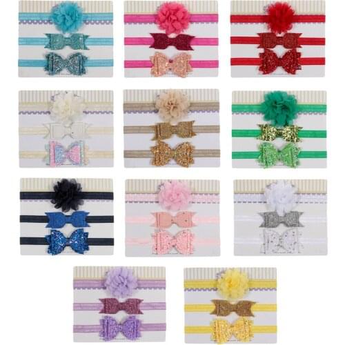 Yundfly 3pcs/lot Sequin Bow Chiffon Flower Elastic Headbands Kids Photography Props Baby Girls Cute Headwear Birthday Gifts Sets