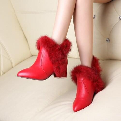 Ladies Fur Trim Ankle Boots Winter Warm High Block Heels Pointy Toe Casual Shoes Womens Plus Big Size
