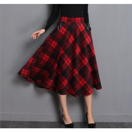 WomenS Large Size Midi Skirts Plaid England Style Woolen Large Size A-Line Pleated Winter Spring Tartan Skirts Sexy Saias K1356