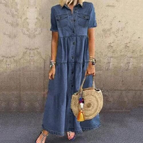 Casual Summer Denim Dress Women Plus Size XL Retro Short Sleeve Turn Down Collar Pockets Button Long Loose Vintage Denim Dresses