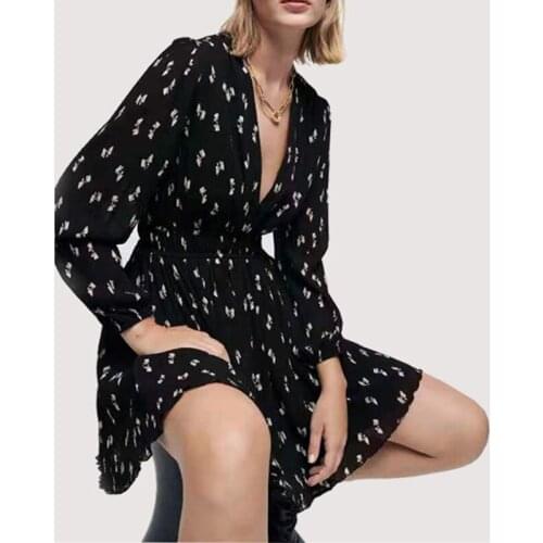 Women V-Neck Bow Print Mini Dress 2021 Ealy Autumn High Wait Ladies Long Sleeve Short Robe