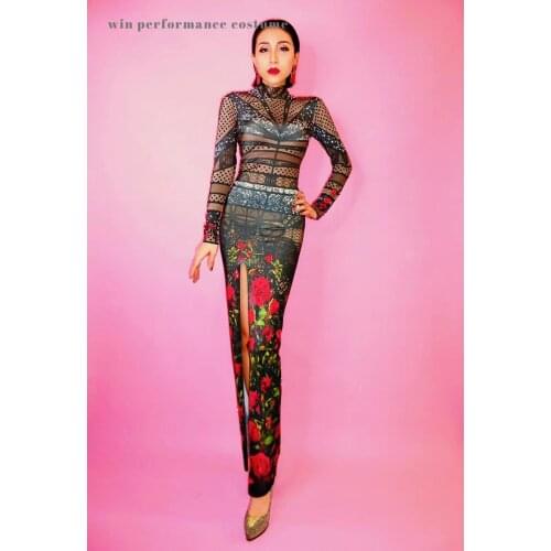 Split skirt slit dress cheongsam mesh gauze net lace rose pattern bithday single lady party club Carnival Moments stage bar