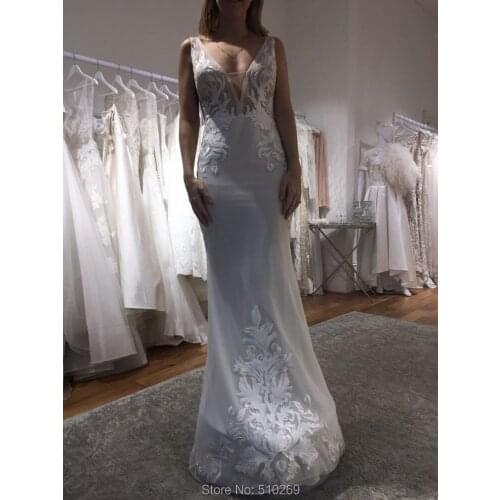 Sheath V Neck V Back Lace Embroidery Vestido De Novia Bridal Gowns Wedding Dress Custom Made Robe De Mariage