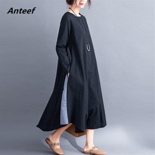 Long sleeve black cotton linen vintage plus size dresses for women casual loose spring autumn dress elegant clothing 2021