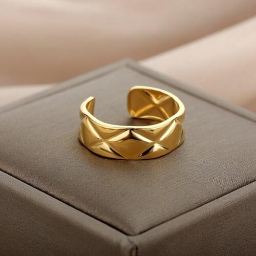 Stainless Steel Gold Plaid Single Rings For Women Punk Minimalist Opening Adjustable Rings Couple Aesthetic Jewelry Accessories