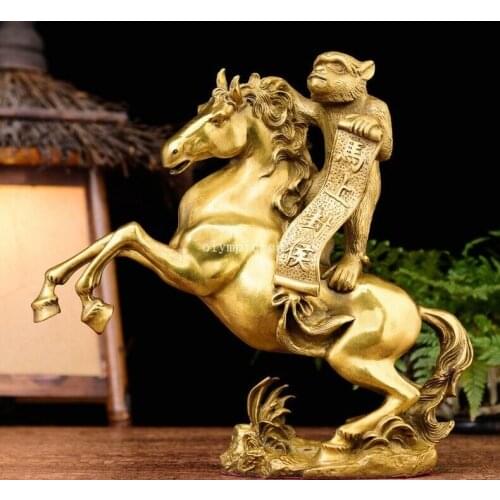 11'' brass copper carved auspicious good fortune monkey on horse statue