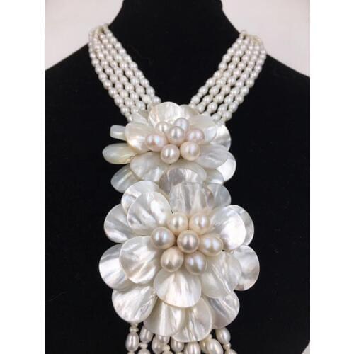 5rows freshwater pearl white & shell flower necklace 21inch nature 60mm gift baroque wholesale beads FPPJ