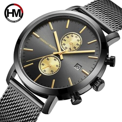 Hannah Martin Mens Watch Japanese Movement Multi-function Calendar Countdown Steel Band Quartz Waterproof Mens Watch Gift