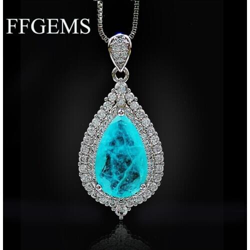 FFGems Paraiba Tourmaline Emerald Gemstone water drop silver Gold color New Earrings Necklace 2020 for women girl Gift Wholesale